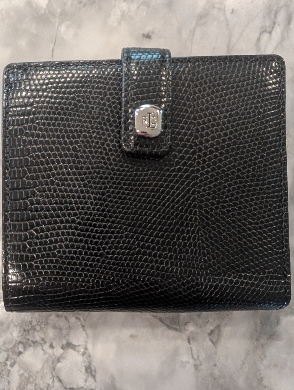 Ralph Lauren Black Leather Trifold Wallet Reptile Embossed